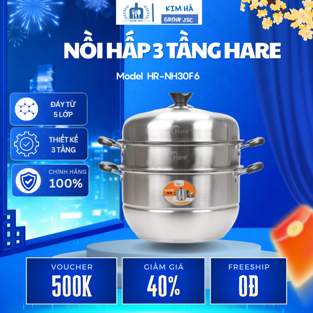 Bộ Nồi Hấp 3 Tầng Hare HR-SP300 Size 30cm Truyền Nhiệt Nhanh Đều Hiệu Quả, Giữ Trọn Hương Vị Thực Phẩm - Kim Hà Group JS