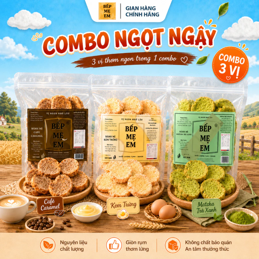 Bếp Mẹ Em - Combo 3 Gói Bánh Mì Sấy Ngọt Ngậy (Cafe, Kem Trứng, Matcha) - Bánh Mỳ Sấp Nguyên Miếng Giòn Rụm