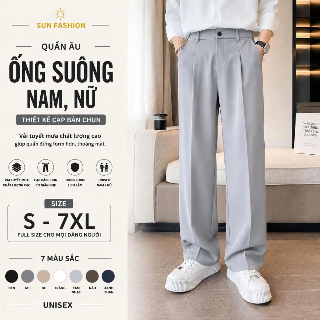 Quần âu ống suông nam,nữ nửa cạp chun SUN X01 màu XÁM NHẠT phong cách lịch sự, trẻ trung, basic dễ phối Menswear