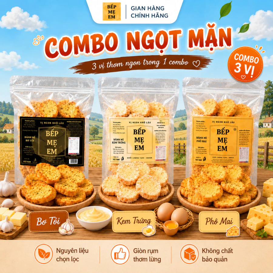 Bếp Mẹ Em - Combo 3 Gói Bánh Mì Sấy Ngọt Mặn (Bơ Tỏi, Kem Trứng, Phô Mai) - Bánh Mì Giòn Rụm Nguyên Miếng