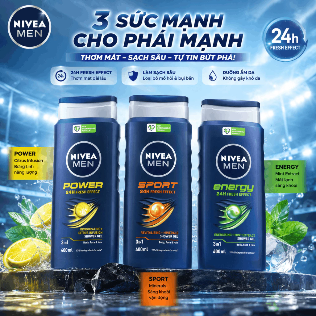 Sữa tắm gội nam 3in1 Nivea Men làm sạch sâu lưu hương 24h Đức 400ml