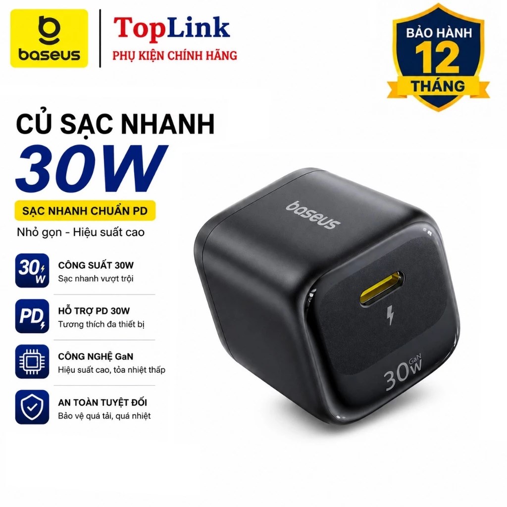 Củ Sạc Nhanh Baseus 30W EnerFill Công Nghệ GAN6 Fast Charger IP 17 16 15 14 13 Quick Charge Nhỏ Gọn Kiểm Soát Nhiệt