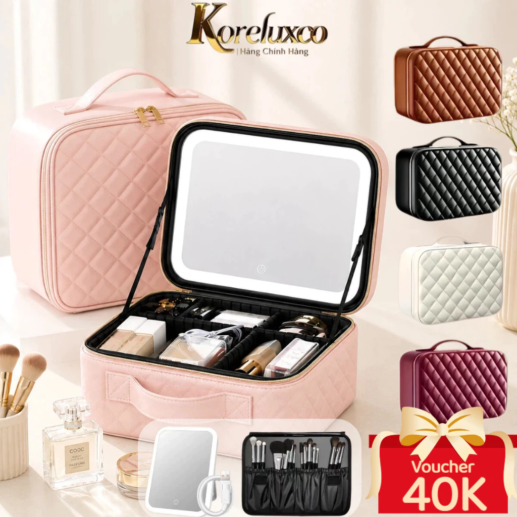 Cốp Đựng Đồ Makeup Da PU Có Gương Đèn LED - Chống Nước Chống Sốc Dung tích lớn Nhiều ngăn [🎁Tặng kính râm]