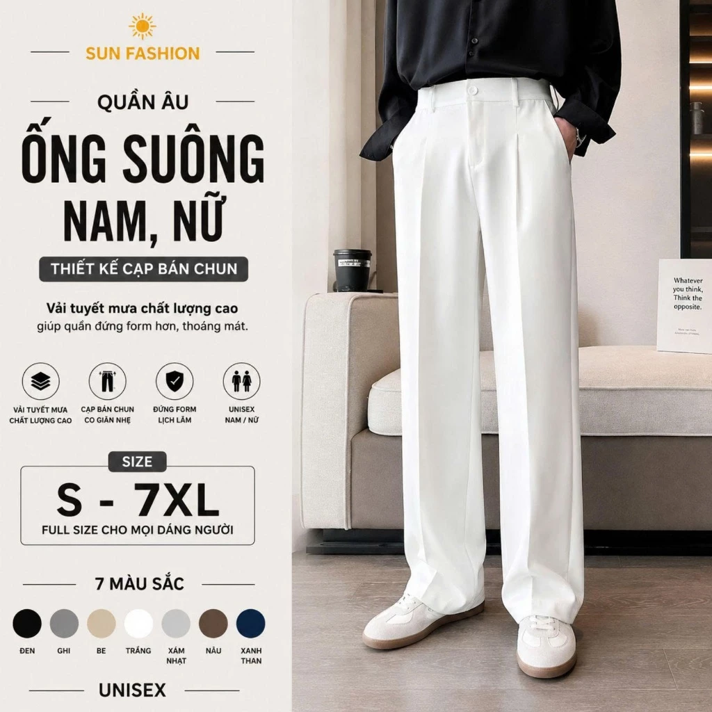 Quần âu ống suông nam, nữ basic SUN màu Trắng thiết kế nửa cạp chun, vải mềm mịn phong cách Hàn quốc