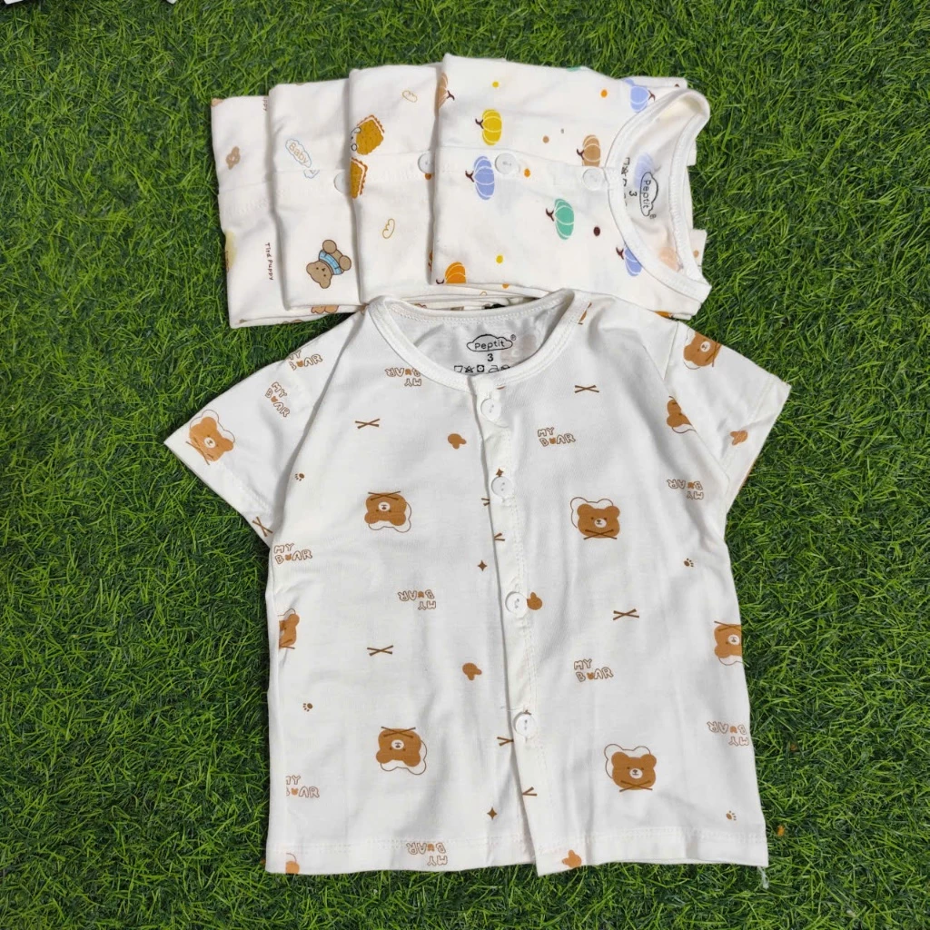 [A141 - Mềm, Mát, Chất Petit] Combo 3/5 Áo Cộc Tay Thun Lạnh Sơ Sinh Cúc Giữa Nền Trắng Chất Vải Petit Mềm Mát