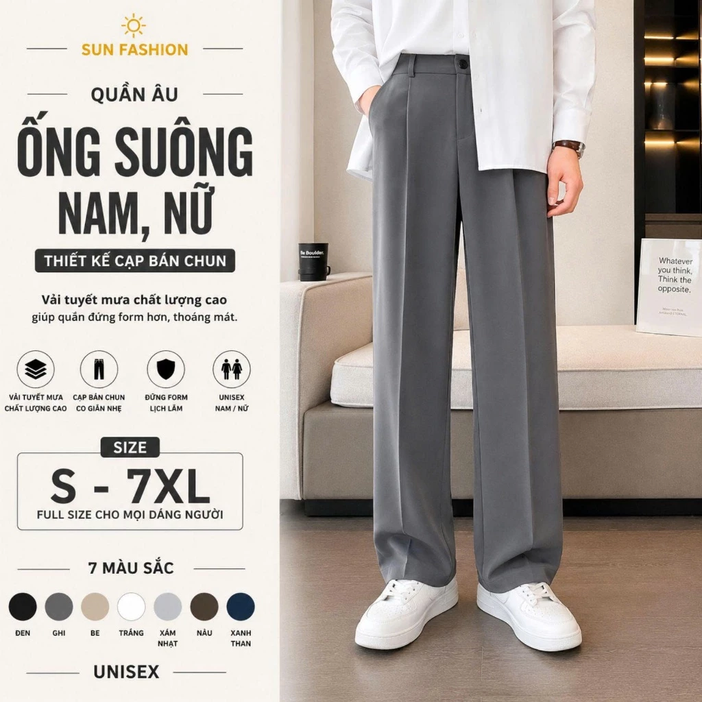 Quần âu ống suông nam, nữ nửa cạp chun SUN màu GHI basic dễ phối đồ, vải mềm mịn mặc thoải mái, phù hợp với mọi vóc dáng