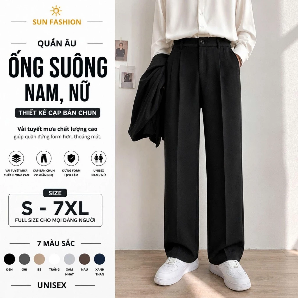 Quần âu ống suông nam, nữ X01 thiết kế cạp bán chun SUN màu ĐEN basic dễ phối, vải mềm mịn thoải mái hoạt động Ong Mensw