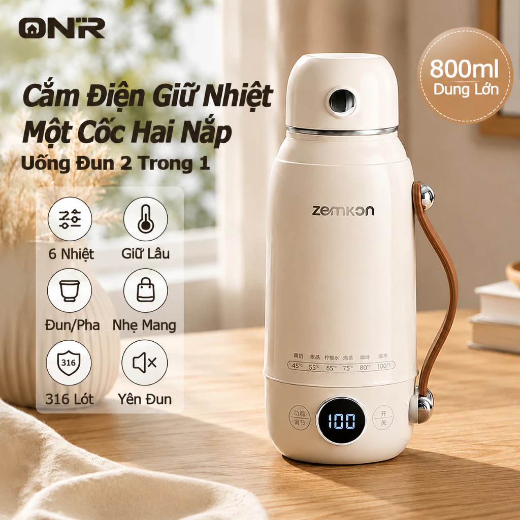 ONR – Ấm Siêu Tốc 800ML, Bình Đun Nước Di Động, 6 Mức Nhiệt Giữ Nhiệt, Điều Chỉnh Nhiệt Độ, Inox316