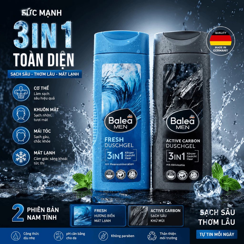 Sữa tắm gổi rửa mặt Nam 3in1 4in1 với tinh dầu bạc hà BALEA (300ml - Đức)
