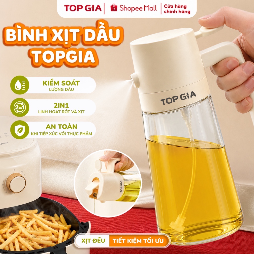 Bình xịt dầu ăn cao cấp TOPGIA thiết kế 2in1 rót và xịt phun sương siêu mịn 3D…