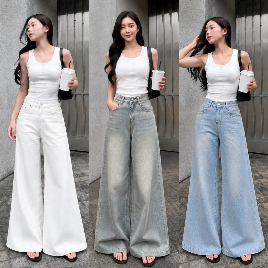 [MỞ BÁN] Quần Jean Trắng Ống Rộng Loe 33-37cm RINAA Chất Denim, Quần Bò Nữ Cạp Cao Có Size Nấm Lùn
