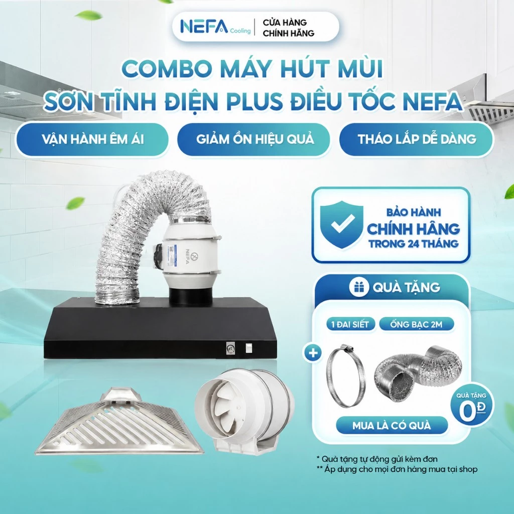 [Chính hãng] Combo máng hút khói sơn tĩnh điện NEFA Plus + quạt hút khói + khay hứng dầu, hút mùi bếp công nghiệp mạnh