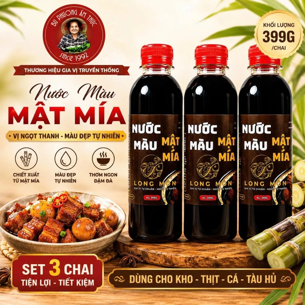 Nước Màu (Nước Hàng) Mật Mía Chai 399G - Thương Hiệu Bu Phương: Nước tạo màu cho các món kho.