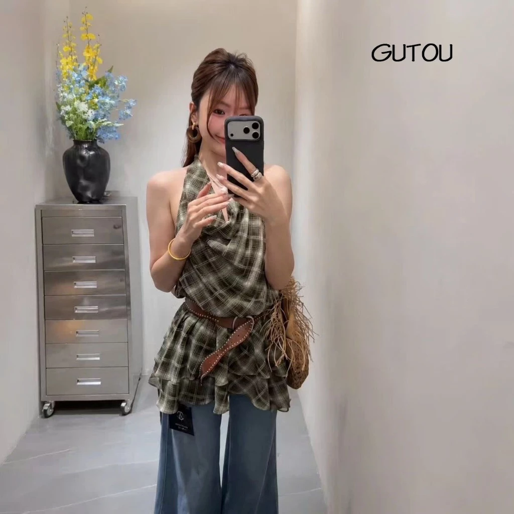 QCCC L1 Áo Sát Nách Caro Cổ Đổ Xếp Hai Tầng Kèm Belt G299