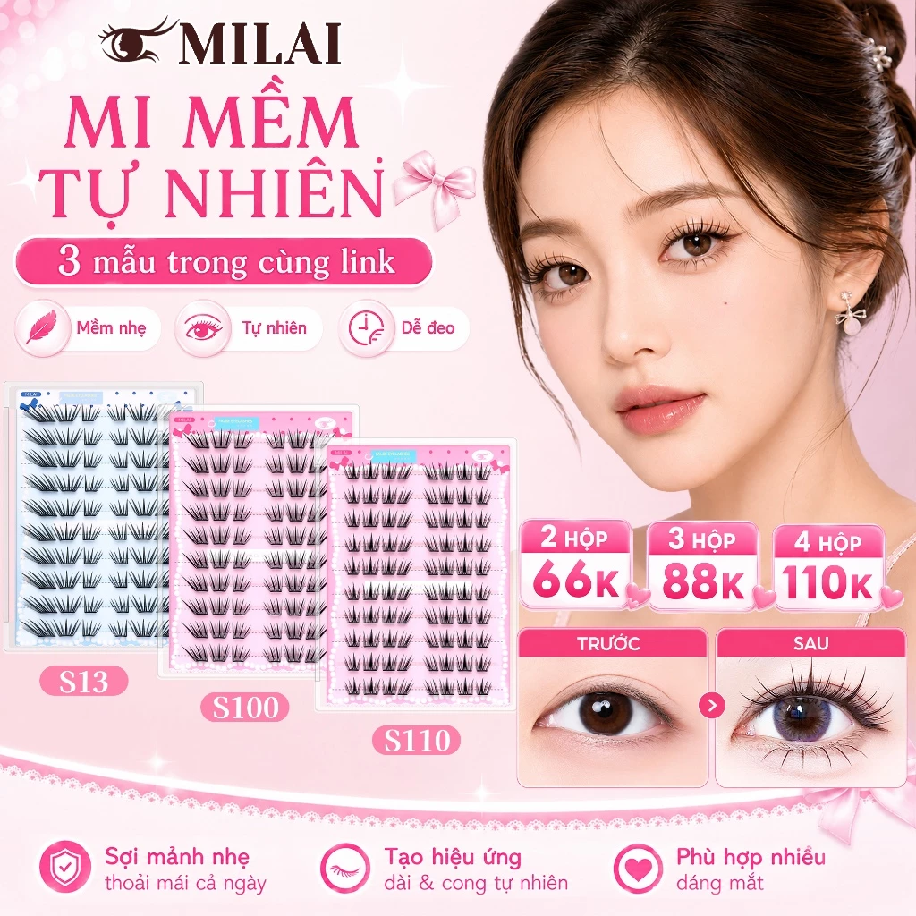 （2hộp/3hộp/4hộp）MILAI Mi giả cụm 10 hàng mềm nhẹ, mi giả handmade dễ dán cho người mới bắt đầu/Tùy chọn mẫu tùy ý