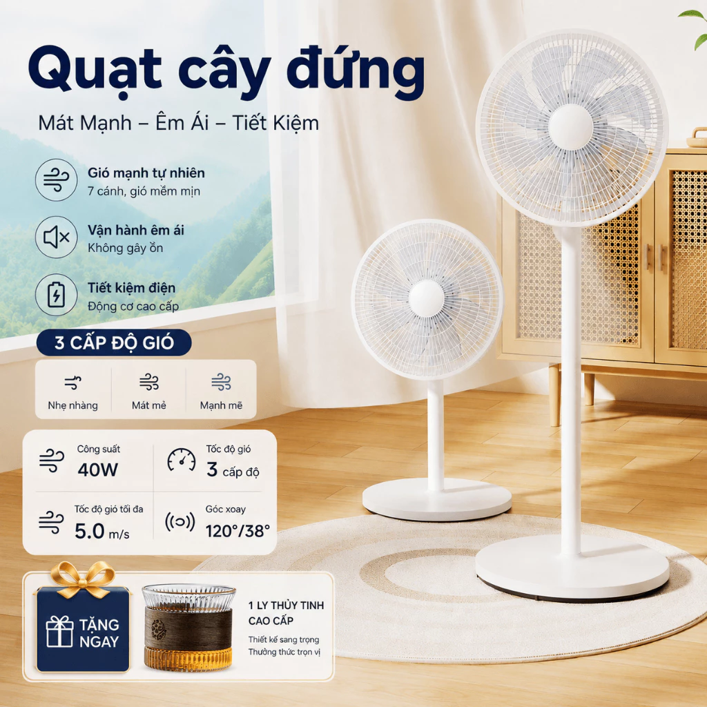 Quạt Cây Đứng, 7 Cánh Quạt, 3 Tốc Độ,  Góc Xoay Rộng, Tiết Điện, Điều Chỉnh Chiều Cao, Chạy Êm Ái