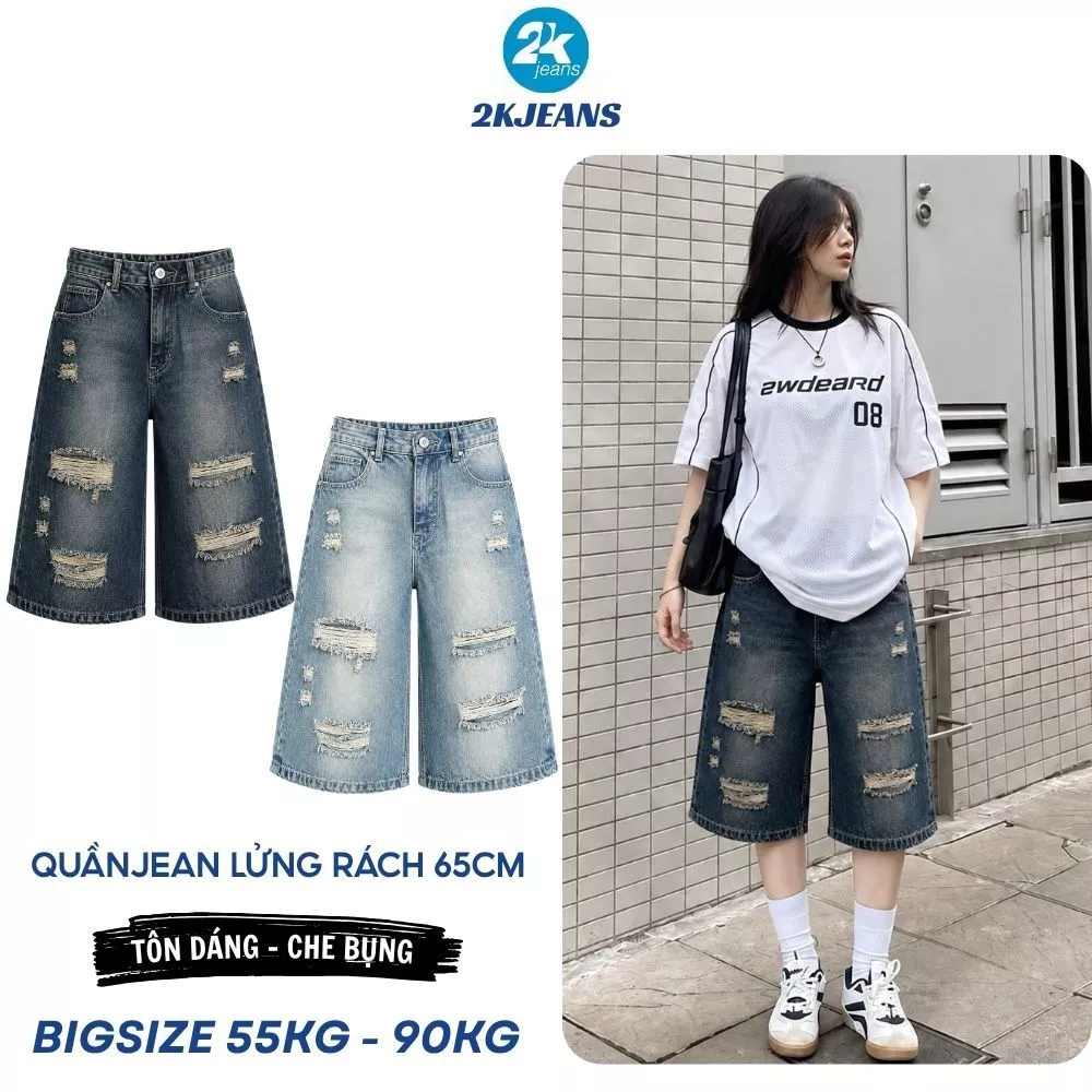 [DEAL SỐC] Quần Jean Lửng Bigsize QC78 Ống Rộng Lưng Chun Rách Cá Tính Dài 65cm 55-90kg 2KJEANS