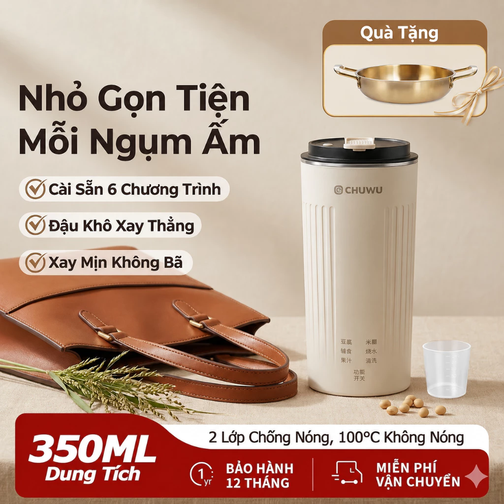 Máy Làm Sữa Hạt Mini Đa Chức Năng 350ml, Cầm Tay, Nấu Sữa Đậu Nành, Gia Nhiệt Xay Trộn, Giữ Nhiệt