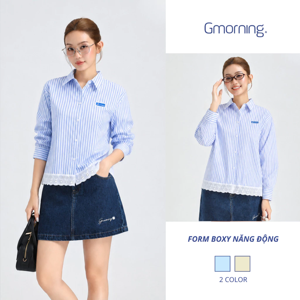 Áo Sơ Mi Nữ Form Boxy Tay Dài Kẻ Sọc Phối Ren Thêu Gmorning YAG05031