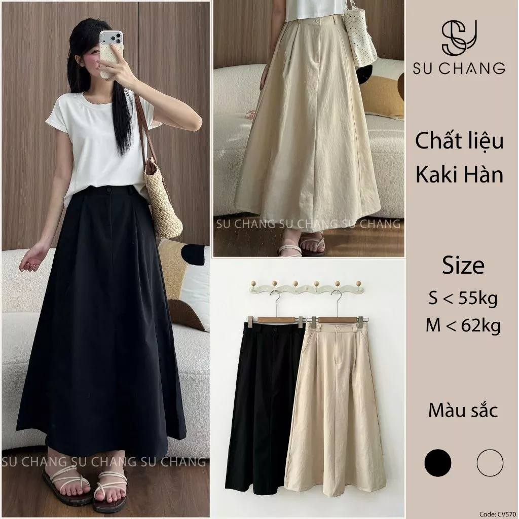 Chân Váy Kaki Dáng Dài Basic 2 Túi Bên CV570 Su Chang Thời Trang Nữ
