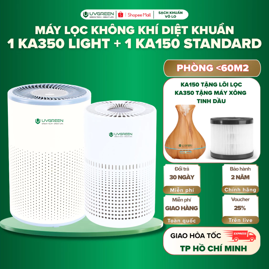 [TẶNG QUÀ] Combo Máy Lọc Không Khí Diệt Khuẩn UVGREEN KA350 Và KA150, UVC LED & ION Âm Diệt Khuẩn