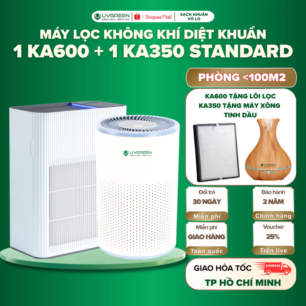 [TẶNG QUÀ] Combo Máy Lọc Không Khí Diệt Khuẩn UVGREEN KA600 Và KA350 Standard, UVC LED & ION Âm