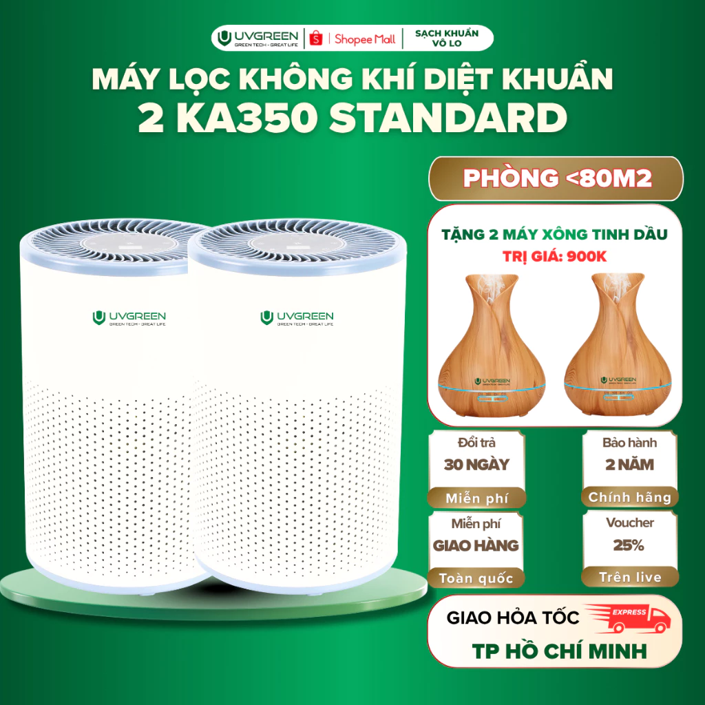 [TẶNG QUÀ] Combo 2 Máy Lọc Không Khí Diệt Khuẩn UVGREEN KA350, UVC Led & Ion Âm Lọc Bụi Mịn