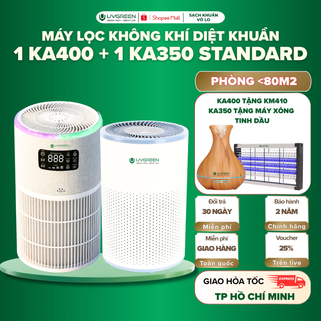 [TẶNG QUÀ] Combo 2 Máy Lọc Không Khí UVGREEN KA400 Và KA350 Standard, UVC LED & Ion Âm Diệt Khuẩn