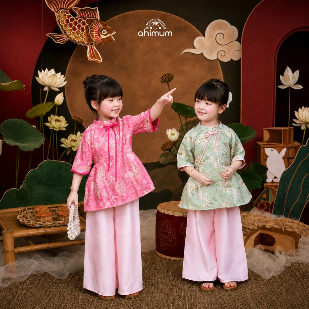 Váy bé gái AHIMUM set trung thu cho bé gái Thuỷ Tiên gấm lụa dáng bé gái tiểu thư  xếp ly bồng xoè  Size 1–10 tuổi