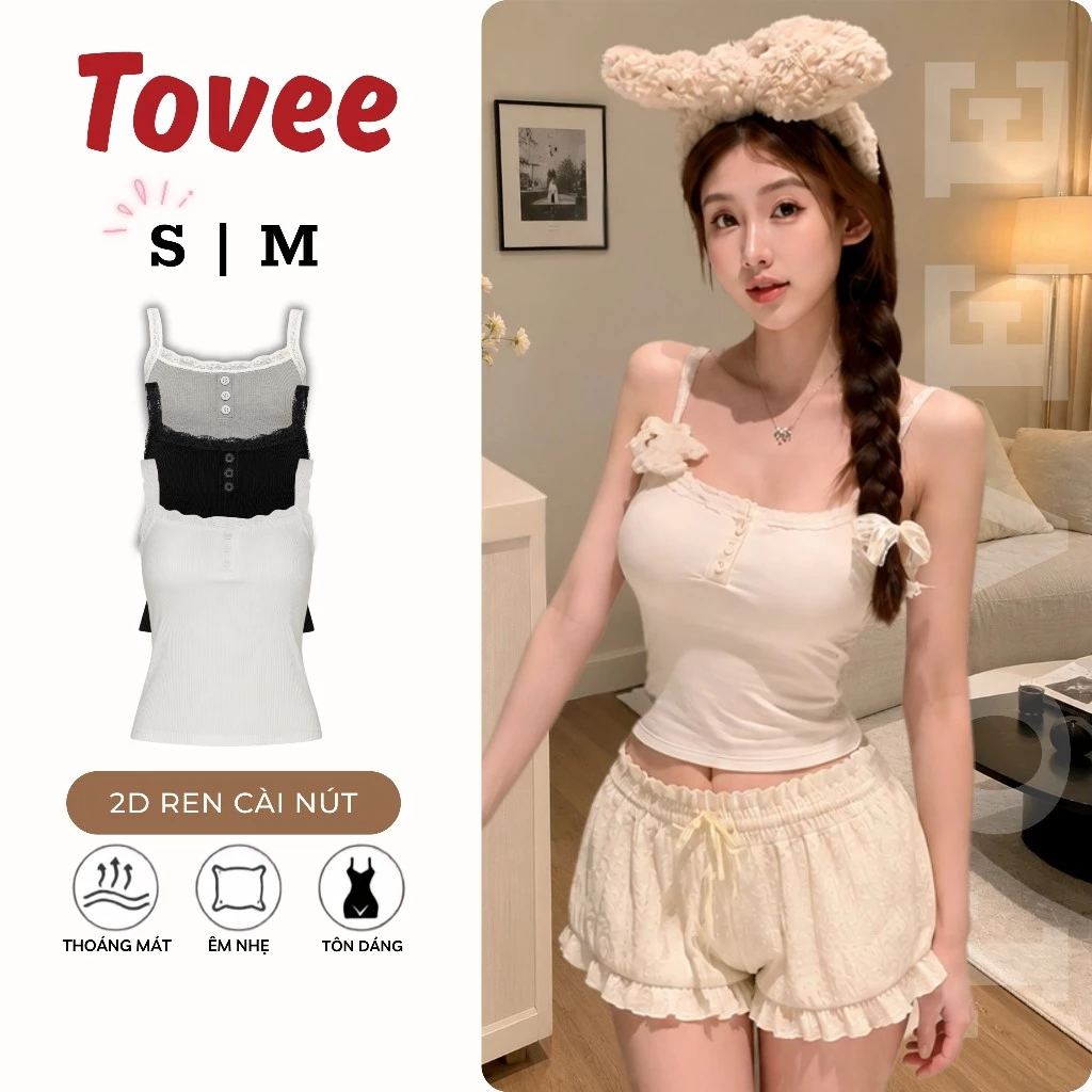 Áo HAI DÂY REN CÀI NÚT Chất Thun Gân Kiểu Sexy Nữ CR19, Áo Thun Phối Khuy Croptop Ôm Body Đẹp Tôn Dáng TOVEE