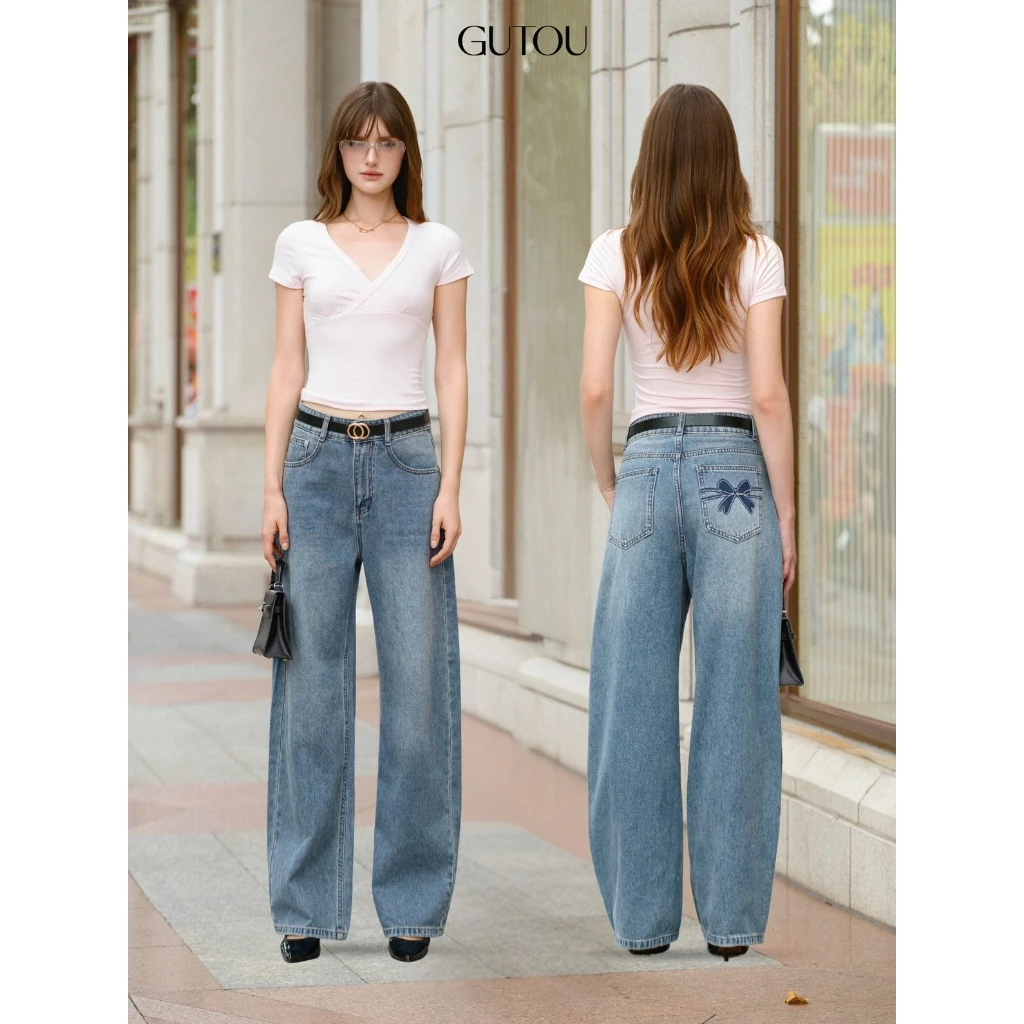 GUTOU - Quần Jean Nữ Ống Suông Dáng Dài Cạp Cao, Quần Bò Ống Rộng Túi Sau Thêu Nơ Embroi Chic G293