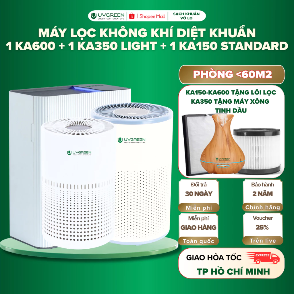 [TẶNG QUÀ] Combo 3 Máy Lọc Không Khí Diệt Khuẩn UVGREEN KA600-KA350-KA150, UVC LED & ION Âm