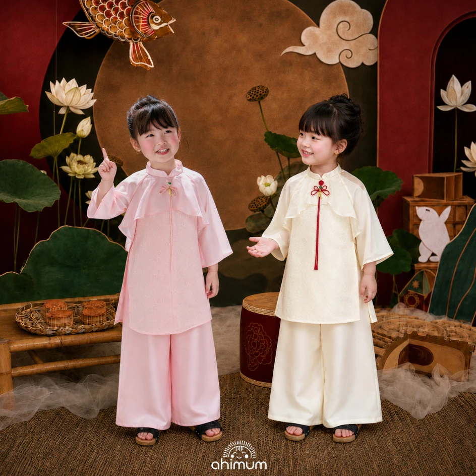 Set áo dài trung thu bé gái AHIMUM  Đan Ngọc vải gấm hoa hồng dáng tiểu thư áo dài cách tân Size bé gái 1–10 tuổi