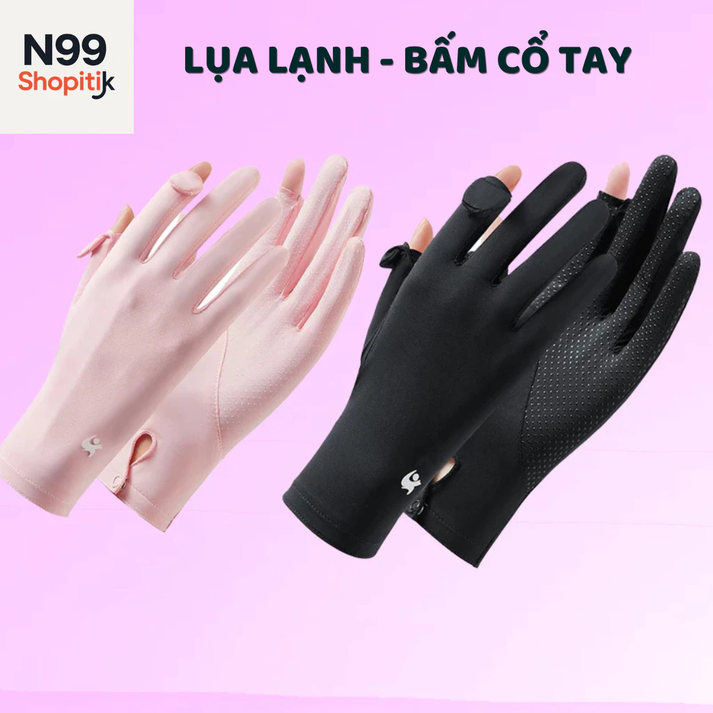 Găng tay lụa lạnh mỏng bấm thắt cổ tay có vân silicon bám chắc vào đồ vật dành cho nữ thời trang
