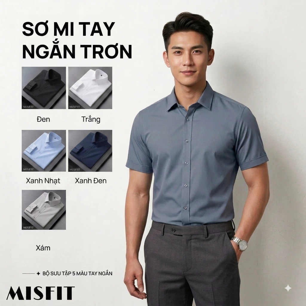 Áo Sơ Mi Nam Tay Ngắn MISFIT - Áo Sơ Mi Cộc Tay Trơn Vải Cotton Lụa Chống Nhăn Form Slimfit Công Sở