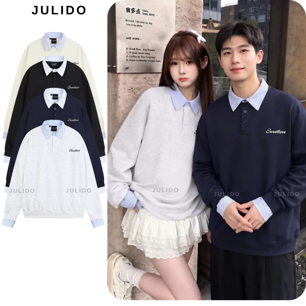 Áo sweater phối sơ mi dài tay JULIDO chất liệu vải nỉ hai da không xù lông
