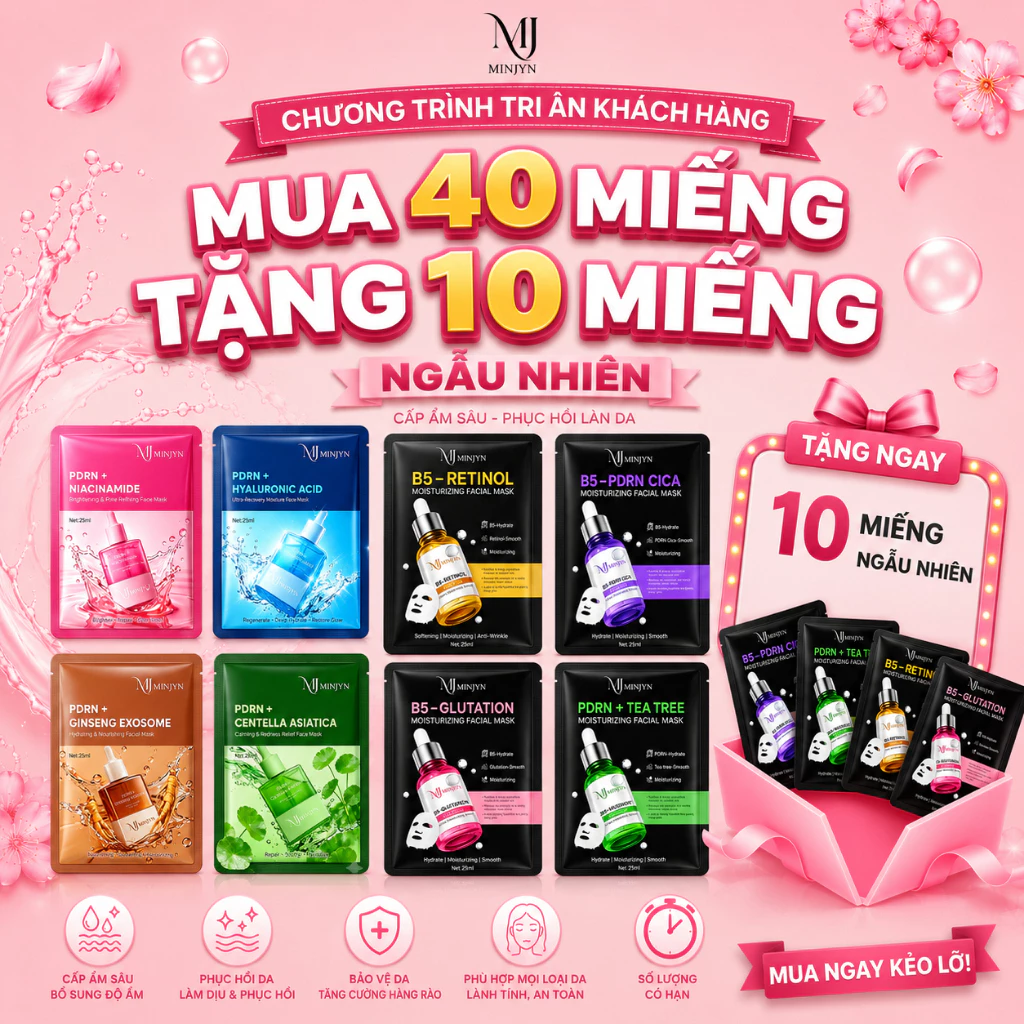 [COMBO 40M TẶNG 10M] Mặt nạ giấy MINJYN 8 vị phục hồi cấp ẩm dưỡng trắng giảm mu.n dịu da căng bóng