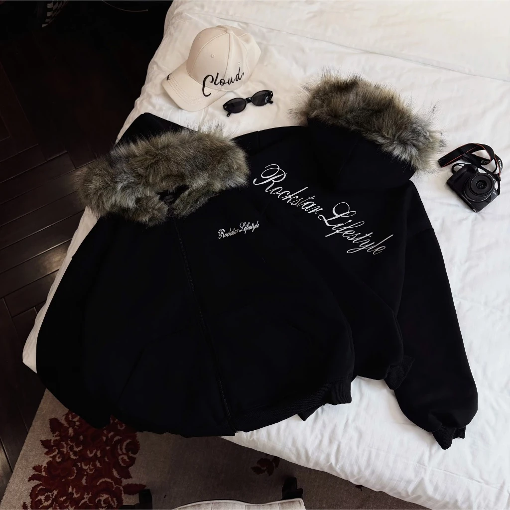 (MỞ BÁN MÃ HOT) HOODIE-ZIP 440GSM- ÁO KHOÁC NỈ BÔNG LÓT GIÓ LỤA DÀY DẶN HÌNH THÊU ROCKSTAX LIFESTYLE  MŨ PHỐI LÔNG PHONG