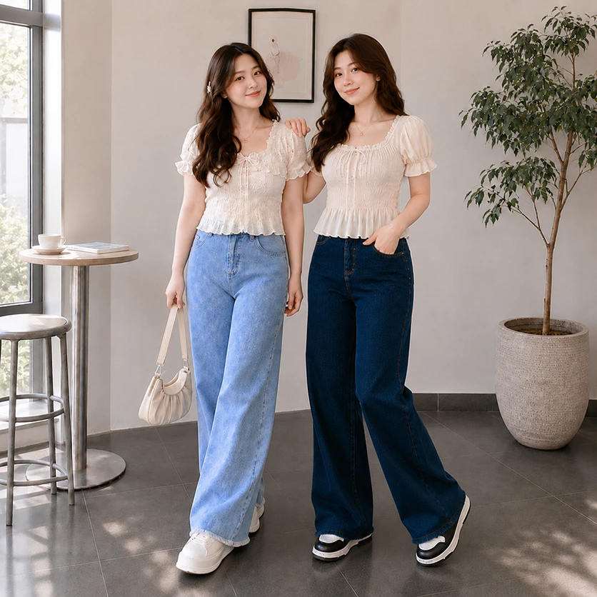 Moli Jeans - Quần Jean Suông Ống Rộng 25cm Tua Lai 103cm BigSize Denim 0163 Ống Rộng Nữ ốngsuông