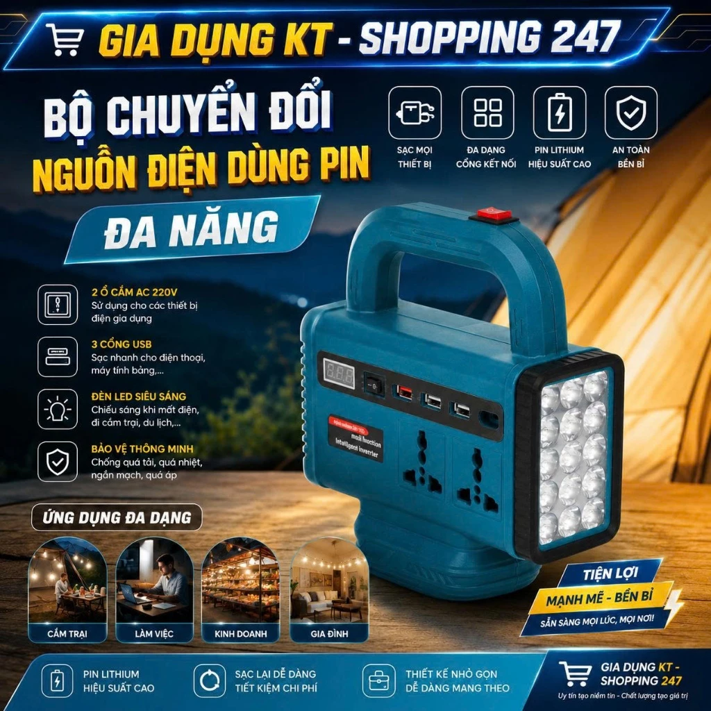 Bộ Chuyển Đổi Nguồn Điện Đa Năng Dùng Pin MAKITA, Có Đèn Led Siêu Sáng, Ổ Cắm Đa Dạng, Tay Cầm Tiện Lợi