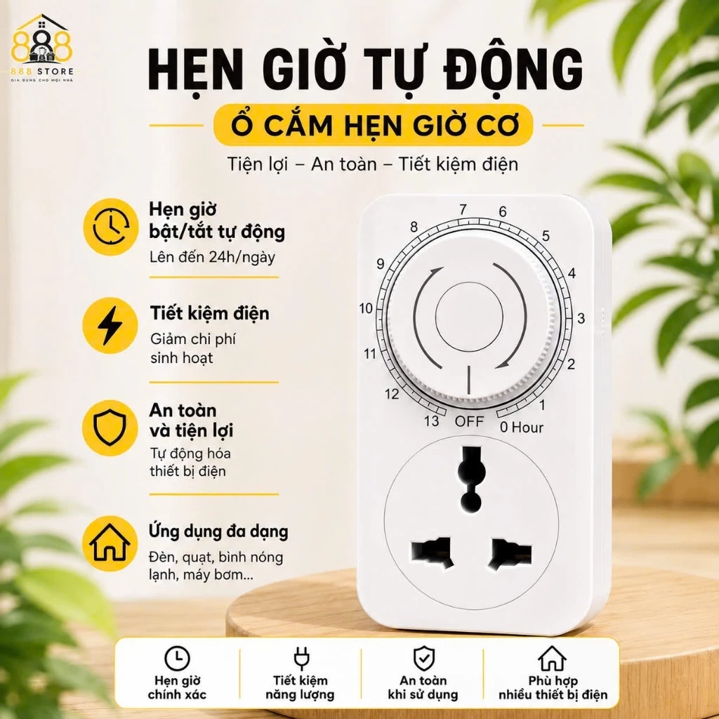 Ổ Cắm Hẹn Giờ Thông Minh Tự Động - Đếm Ngược Thời Gian 13 Tiếng, Chất Lượng Cao 220V, An Toàn Trẻ Nhỏ, Nhựa Chông Cháy s