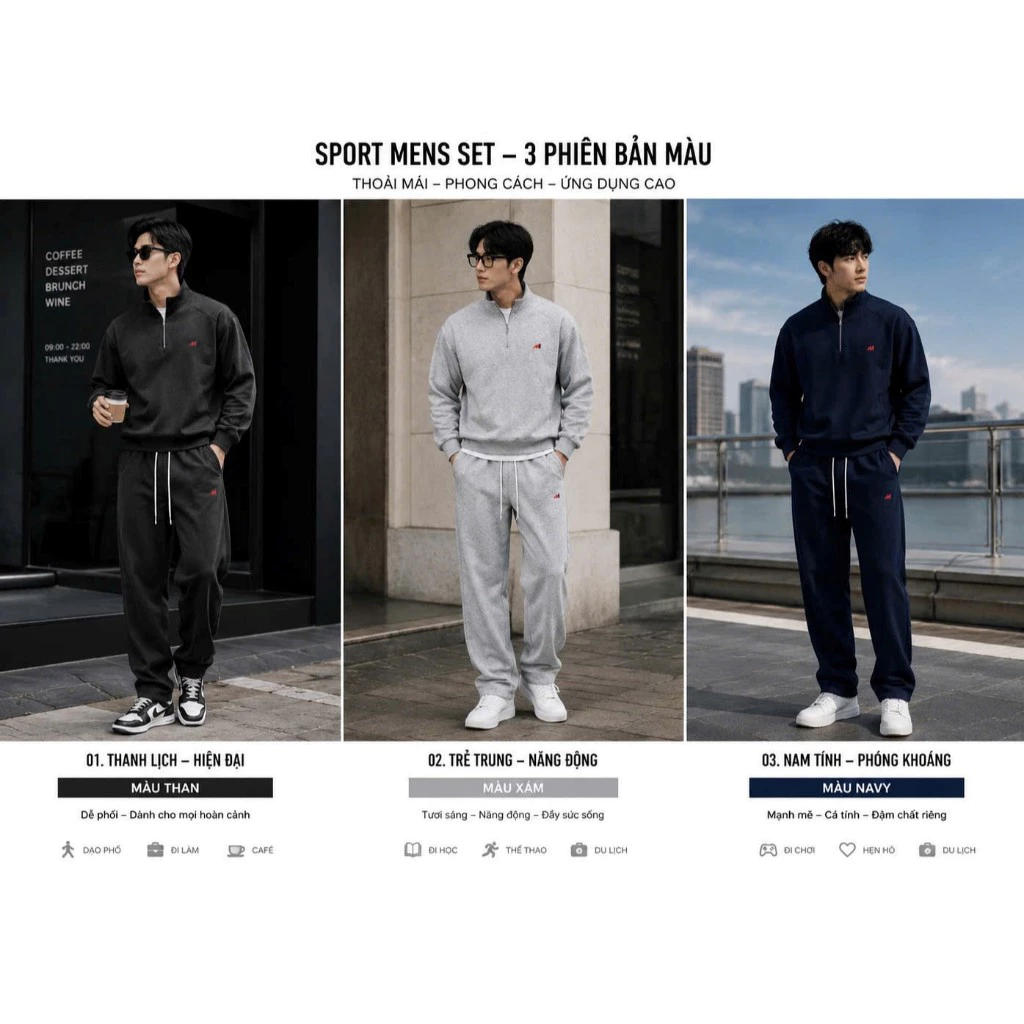 Bộ Nỉ Sweater Cổ Khóa Zip Nam Nữ Thêu Chữ M, Chất Liệu Cotton 98% Nỉ 2 Da Mềm Mịn Không Bai Xù