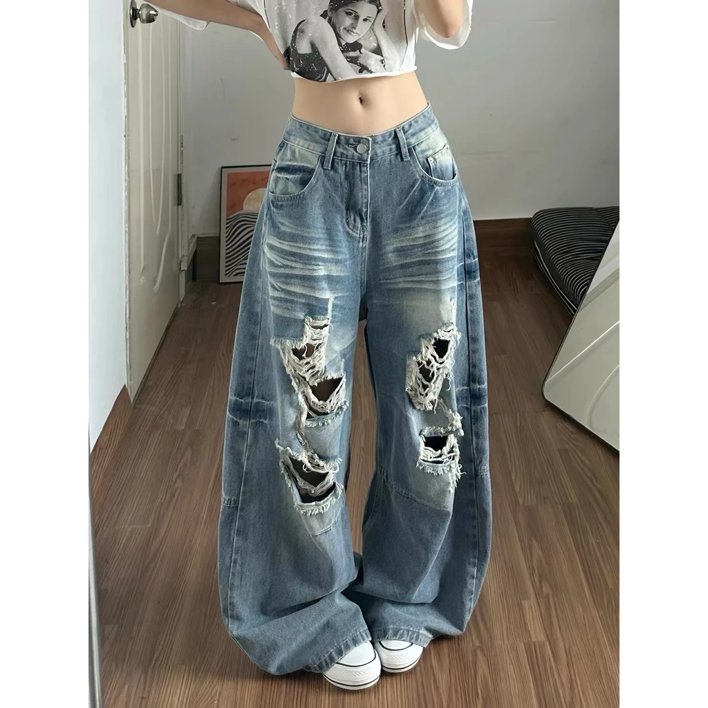 Quần jeans ống rộng thiết kế nơ cỡ lớn cho nữ mùa xuân quần dài ống rộng cạp cao mới