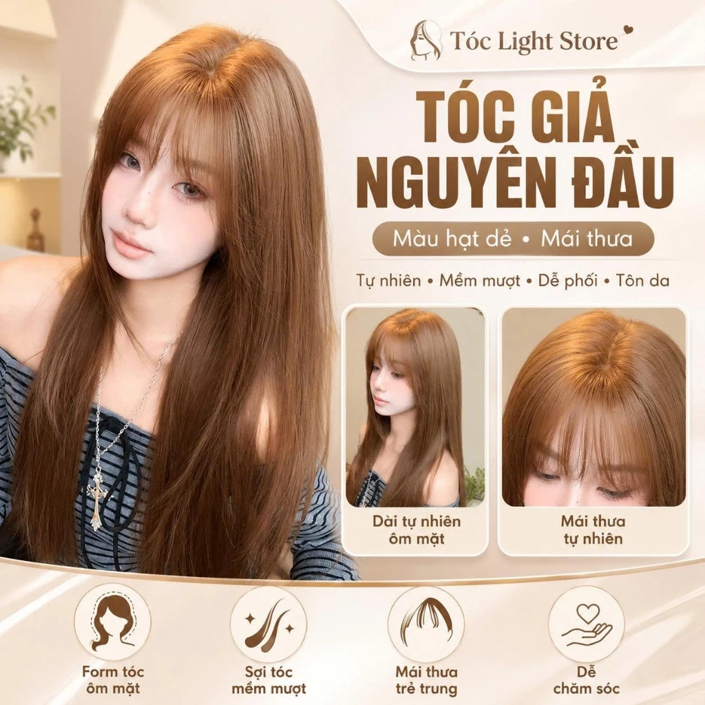 (Tặng phụ kiện chăm sóc) Tóc giả nguyên Cao cấp màu Xám sữa Xoăn, Thẳng - Tóc giả nguyên đầu mái thưa, tóc rẽ ngoi