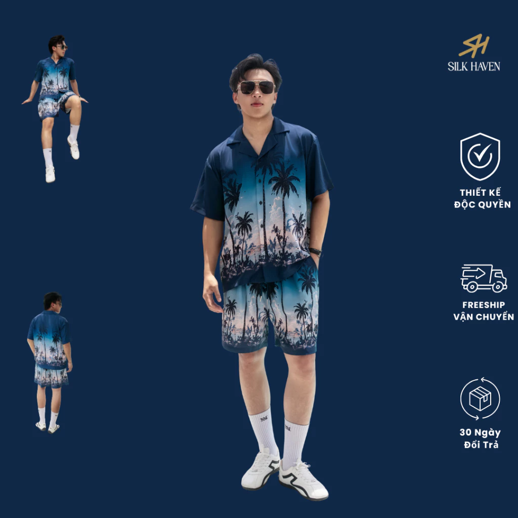 Bộ Pijama Nam Lụa cao cấp tay ngắn - SILK HAVEN SN7- Đồ Bộ Lụa họa tiết nam cao cấp