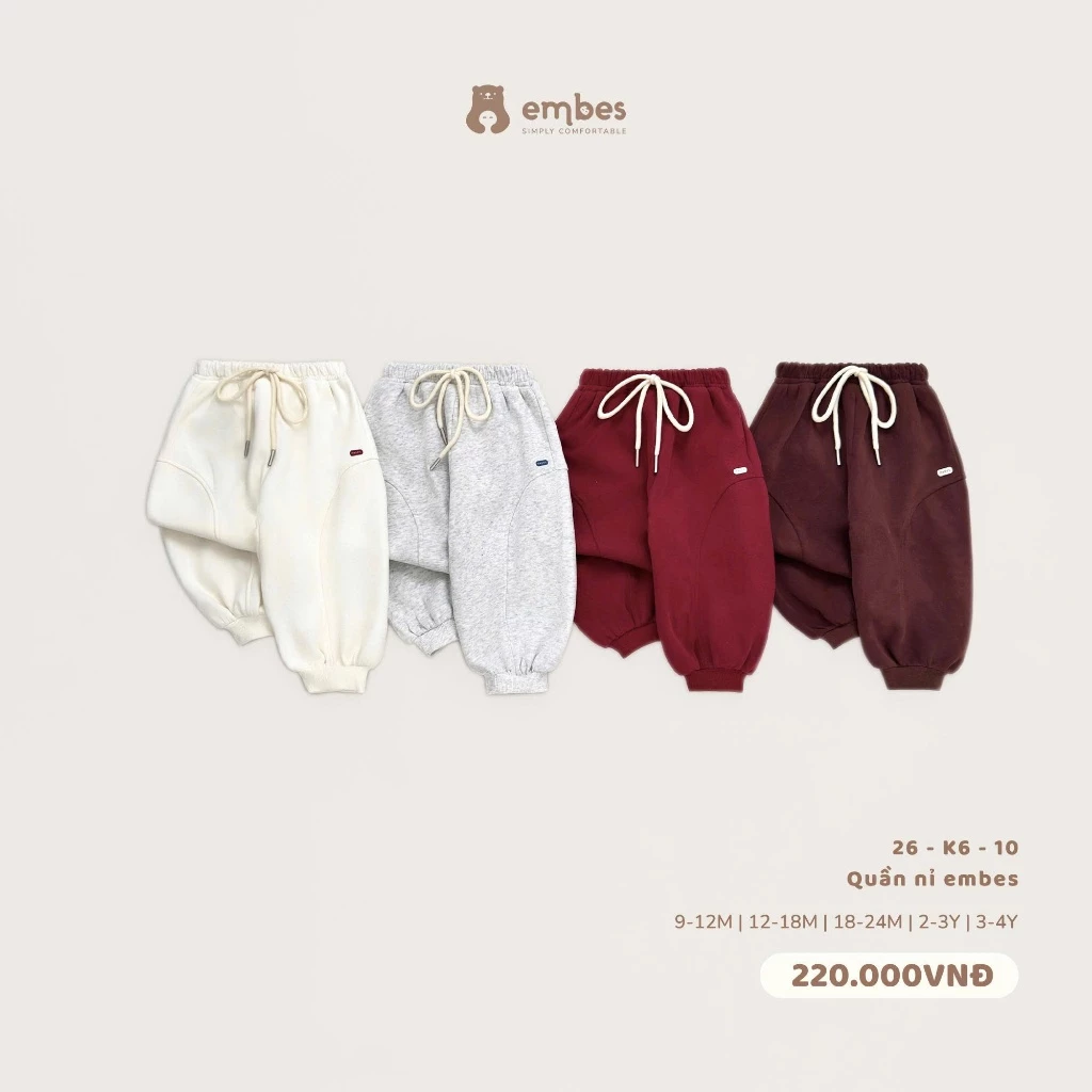 Quần Nỉ Cho Bé Embes, Quần Nỉ Dài Dáng Bomber Chất Mỏng Thu Đông Cho Bé Trai Bé Gái Size Từ 8-18kg