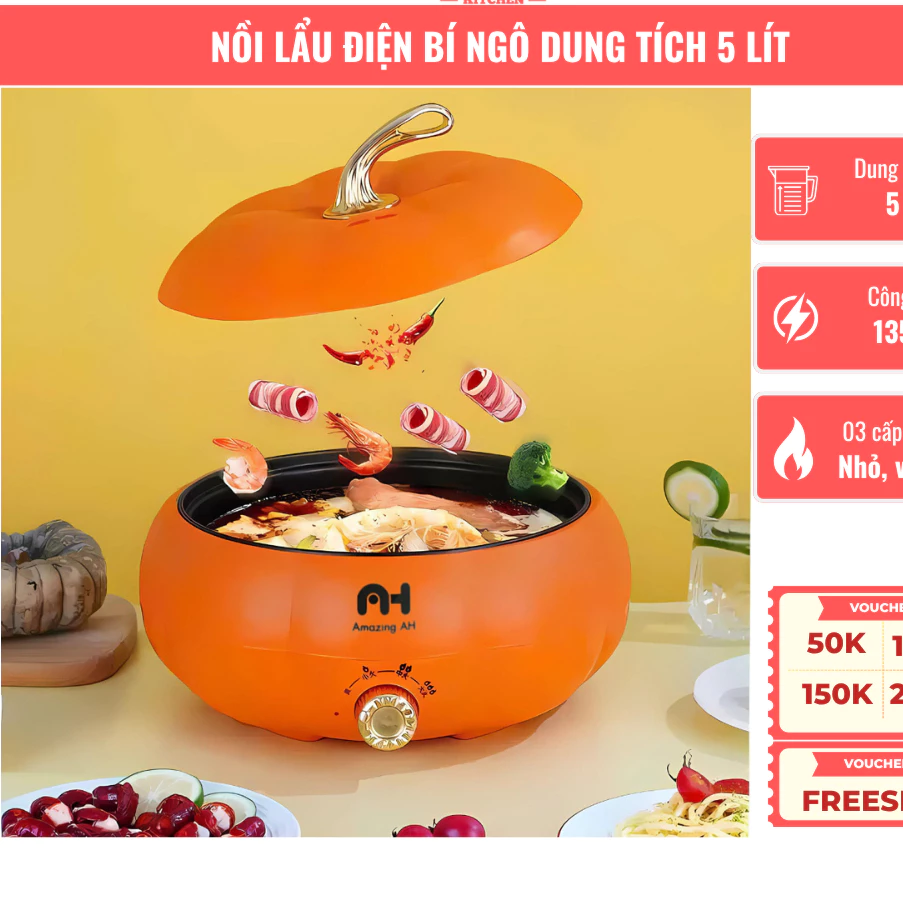 Nồi Lẩu Điện Bí Ngô, Công Suất Lớn 1350W, Dung Tích 5L, Chống Dính Cao Cấp, Kiểu Dáng Hiện Đại