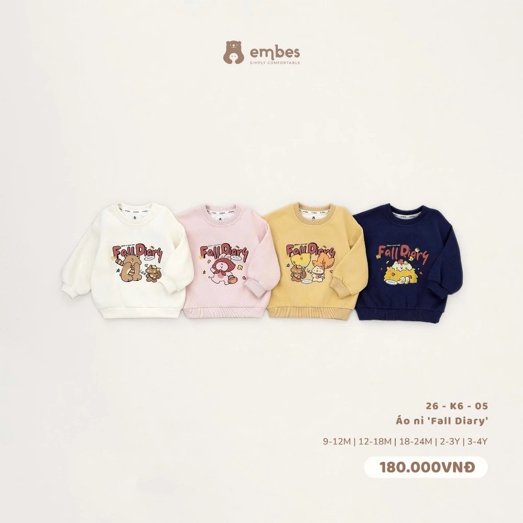 Áo Nỉ Cho Bé Embes, Áo Nỉ Dài Tay Họa Tiết "Fall Diary" Chất Nỉ Mỏng Thu Đông Cho Bé Size Từ 8-18kg