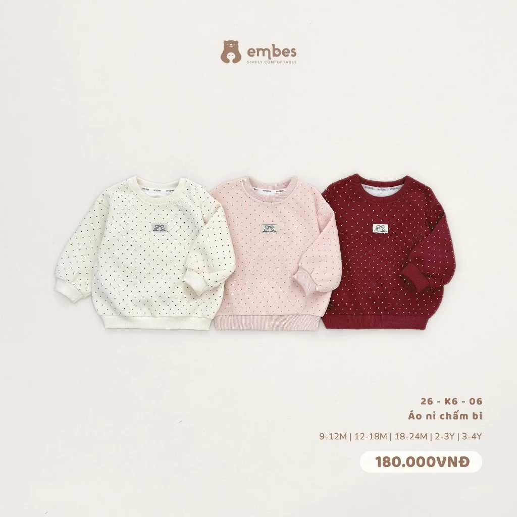 Áo Nỉ Cho Bé Gái Embes, Áo Nỉ Dài Tay Họa Tiết Chấm Bi Chất Nỉ Thu Đông Cho Bé Gái Size Từ 8-18kg
