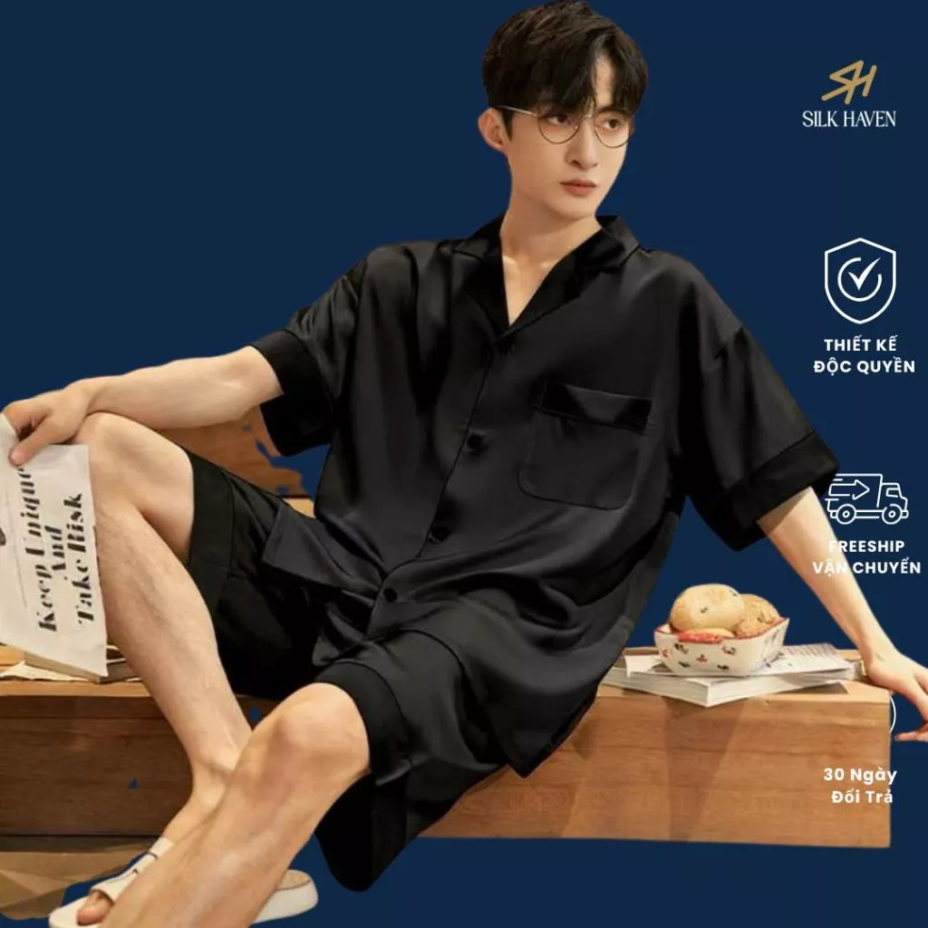 Bộ pijama Nam chất Lụa MỸ cao cấp tay ngắn -SILKHAVEN BL04- Bộ Ngủ lụa cộc tay quần ngắn cho nam